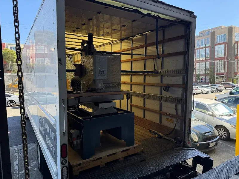 Tormach 1100MX CNC mill strapped inside an Ontrack Moving truck for transport from San Francisco to Emeryville