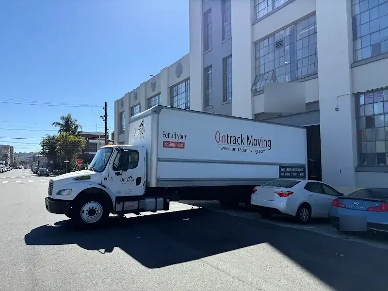 Ontrack Moving truck parked at the San Francisco building for a CNC machine move