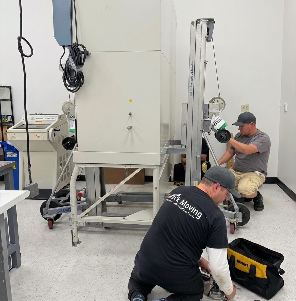 Ontrack Moving crew using a Genie equipment lift to position heavy laboratory equipment inside a Sunnyvale biotech facility