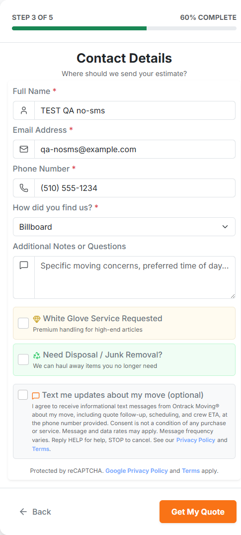 Contact step of the Ontrack Moving online quote form showing name, email, and phone fields with a separate, unchecked, optional checkbox labeled Text me updates about my move, above the Get My Quote button