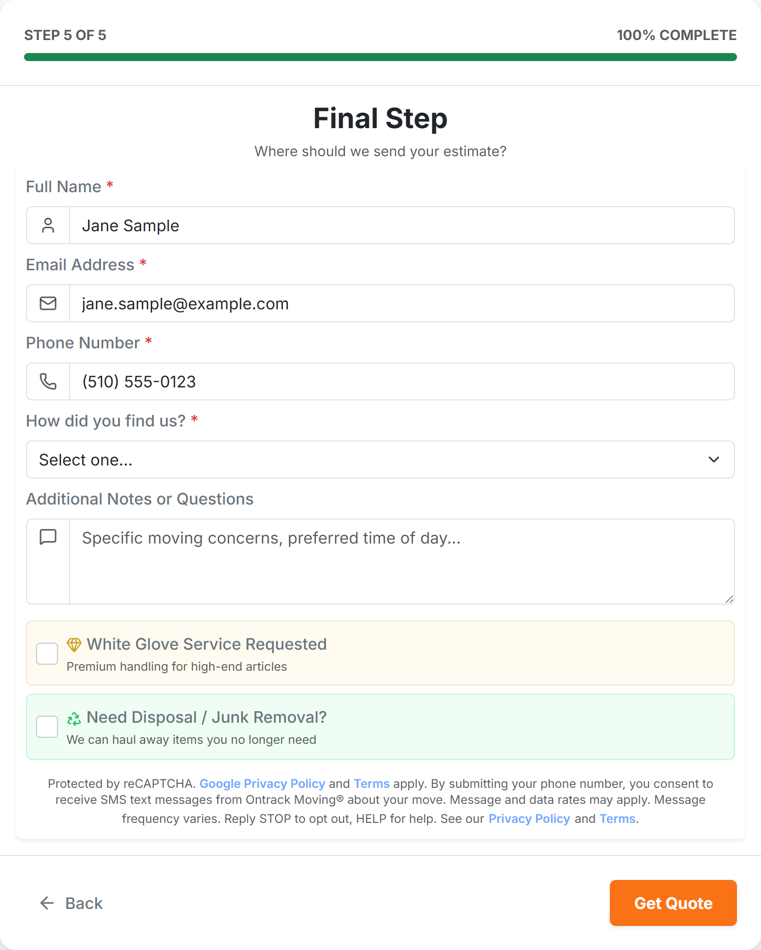 Final step of the Ontrack Moving online quote form with name, email, and mobile phone fields, showing the SMS consent disclosure text displayed directly above the orange Get Quote submit button